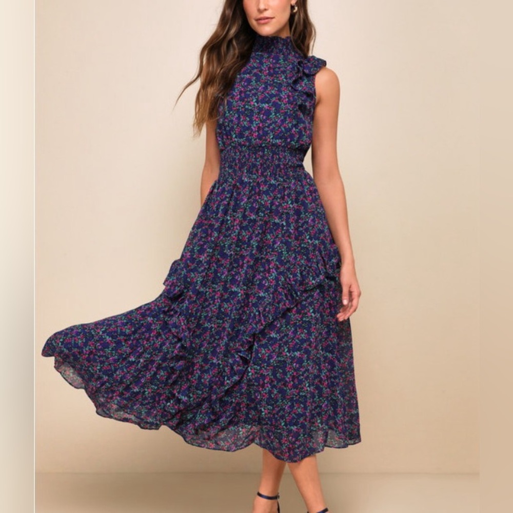 Lulu’s Evalina Blue Floral Sleeveless Mock Neck Dress XS